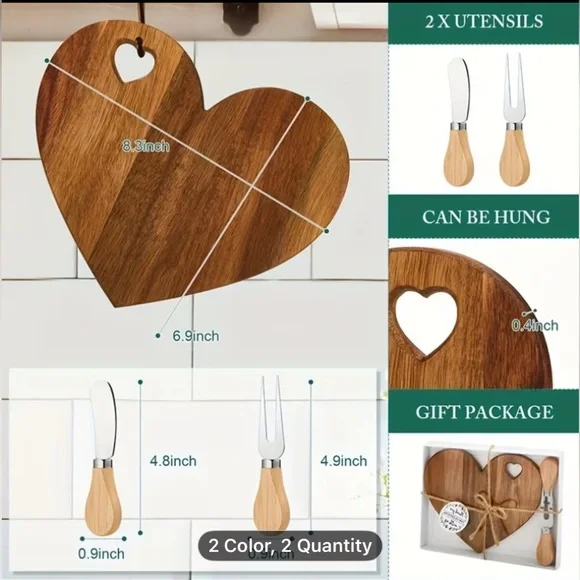 Heart-Shaped Bamboo Cheese Board Set, Charcuterie Board. - Picture 3 of 9